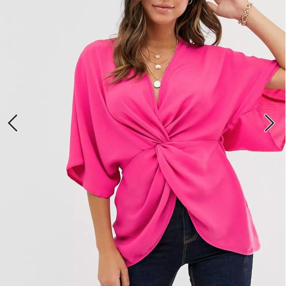 ASOS Design Kimono Sleeve Hot Pink Blouse - Picture 1 of 7